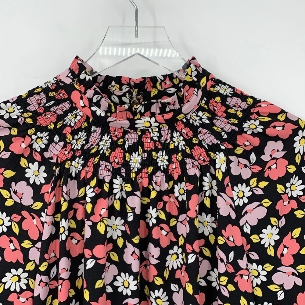 Kate Spade Road Trip floral shift dress smocked long sleeve ruffle black pink XS